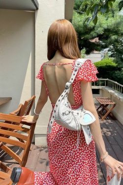 Y2K Summer Open-Back Ruffled Long Dress - 90s Grunge, Retro, Pastel Goth, Party Outfit
