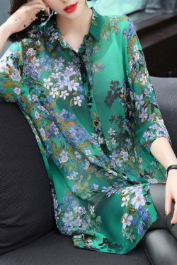 Y2K Summer Peter Pan Collar Button Print Chiffon Shirt - 90s Grunge Retro Fashion Top
