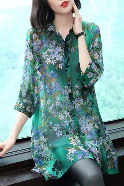 Y2K Summer Peter Pan Collar Button Print Chiffon Shirt - 90s Grunge Retro Fashion Top