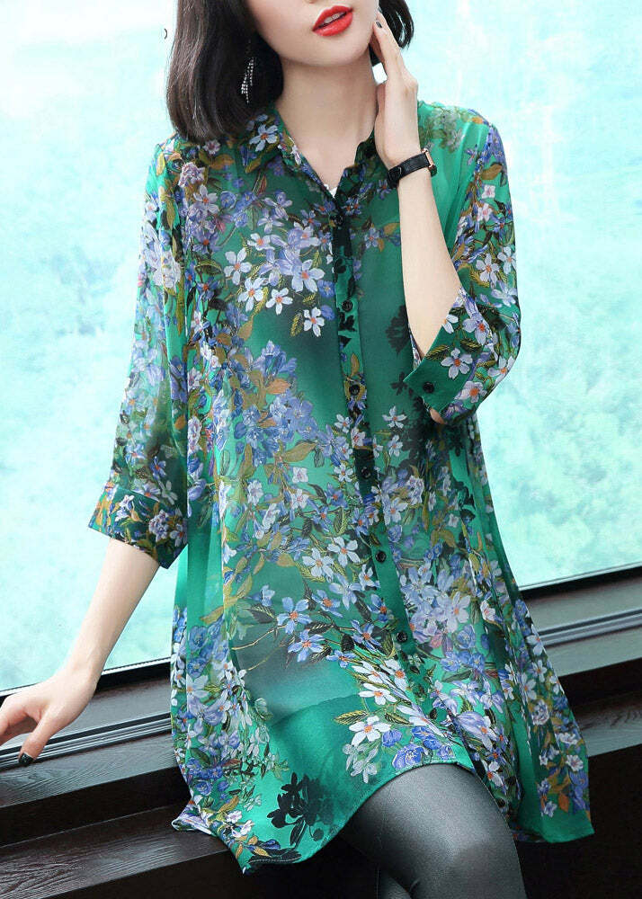 Y2K Summer Peter Pan Collar Button Print Chiffon Shirt - 90s Grunge Retro Fashion Top