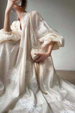 Y2K Summer Retro 90s Grunge Apricot Embroidered Patchwork Chiffon Dress with Lantern Sleeves
