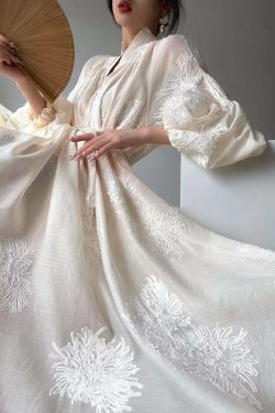 Y2K Summer Retro 90s Grunge Apricot Embroidered Patchwork Chiffon Dress with Lantern Sleeves