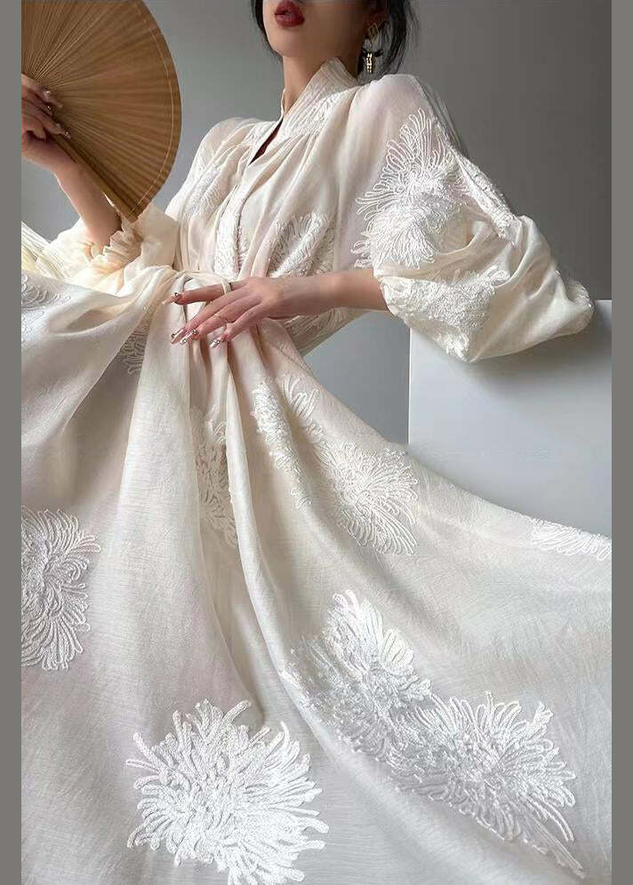 Y2K Summer Retro 90s Grunge Apricot Embroidered Patchwork Chiffon Dress with Lantern Sleeves