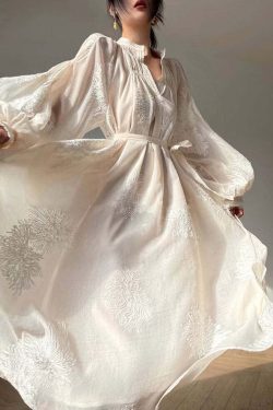 Y2K Summer Retro 90s Grunge Apricot Embroidered Patchwork Chiffon Dress with Lantern Sleeves