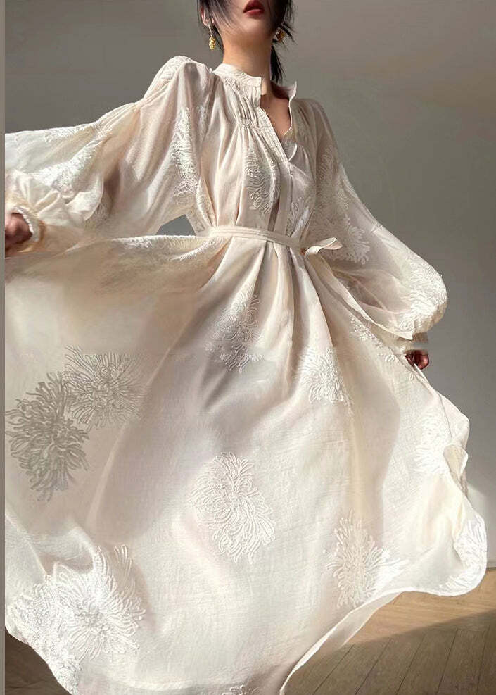 Y2K Summer Retro 90s Grunge Apricot Embroidered Patchwork Chiffon Dress with Lantern Sleeves
