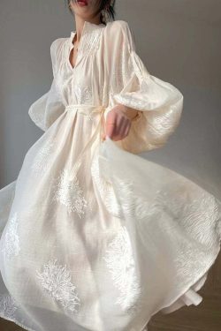 Y2K Summer Retro 90s Grunge Apricot Embroidered Patchwork Chiffon Dress with Lantern Sleeves