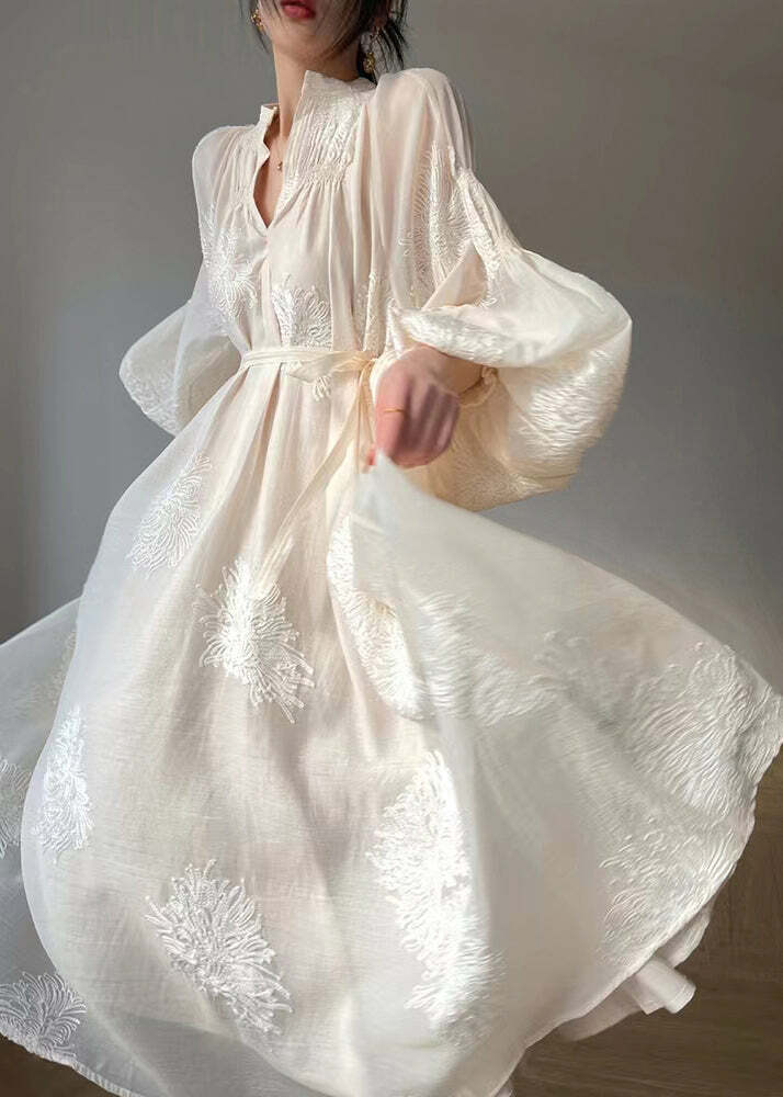 Y2K Summer Retro 90s Grunge Apricot Embroidered Patchwork Chiffon Dress with Lantern Sleeves