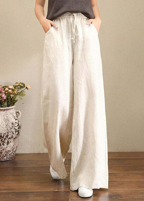 Y2K Summer Retro 90s Grunge Wide Leg Linen Pants with Pockets - French Brown Geometry