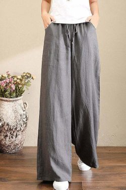 Y2K Summer Retro 90s Grunge Wide Leg Linen Pants with Pockets - French Brown Geometry