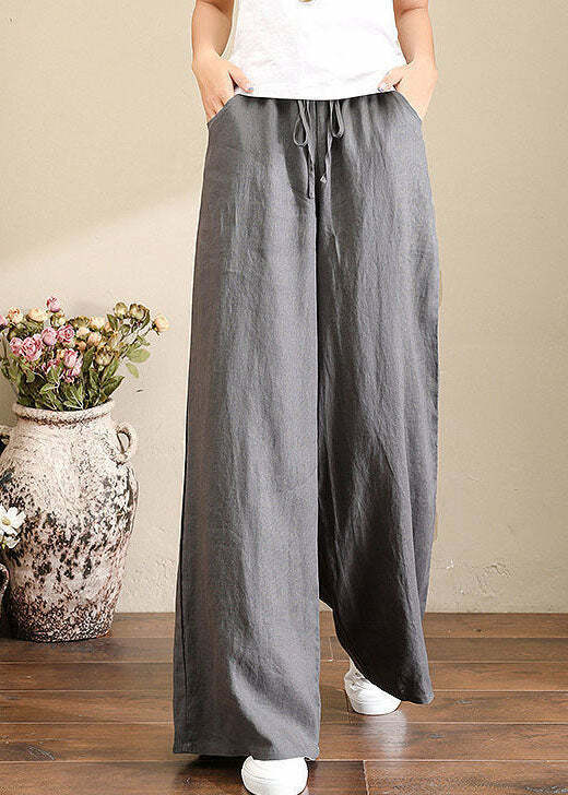 Y2K Summer Retro 90s Grunge Wide Leg Linen Pants with Pockets - French Brown Geometry