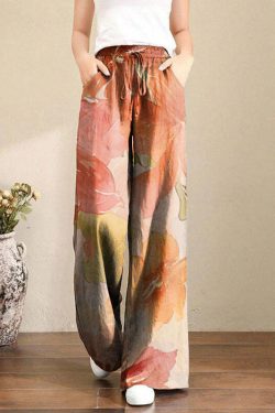 Y2K Summer Retro 90s Grunge Wide Leg Linen Pants with Pockets - French Brown Geometry