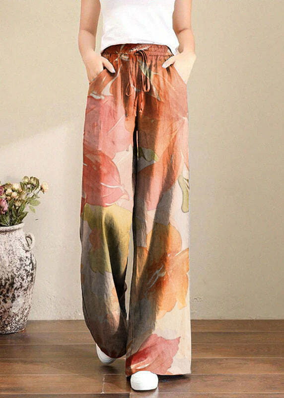 Y2K Summer Retro 90s Grunge Wide Leg Linen Pants with Pockets - French Brown Geometry