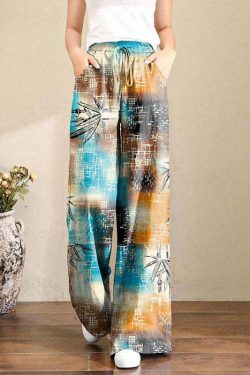 Y2K Summer Retro 90s Grunge Wide Leg Linen Pants with Pockets - French Brown Geometry