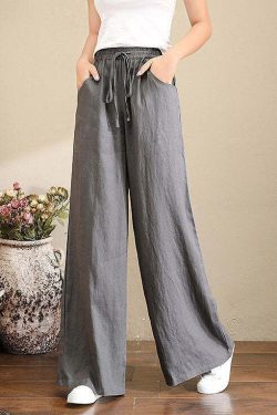 Y2K Summer Retro 90s Grunge Wide Leg Linen Pants with Pockets - French Brown Geometry
