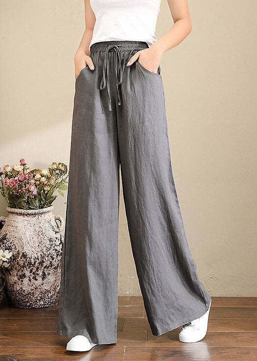 Y2K Summer Retro 90s Grunge Wide Leg Linen Pants with Pockets - French Brown Geometry