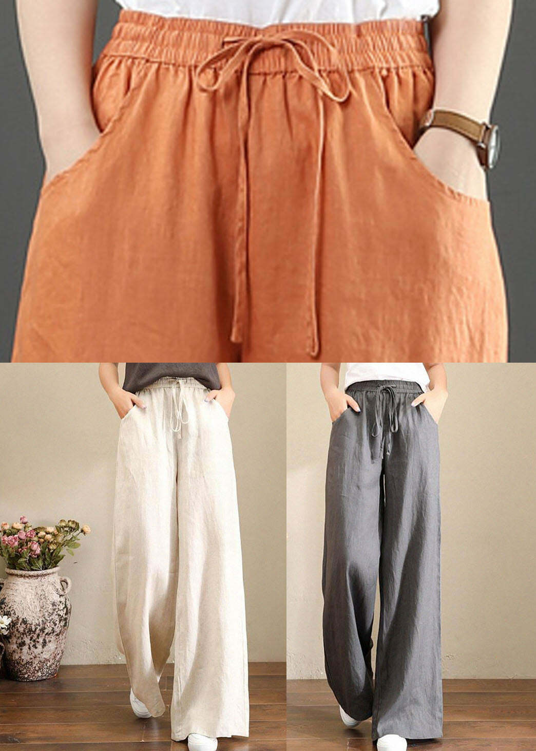 Y2K Summer Retro 90s Grunge Wide Leg Linen Pants with Pockets - French Brown Geometry