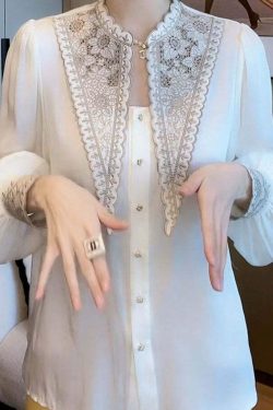 Y2K Summer Retro White Embroidered Patchwork Chiffon Blouse - 90s Grunge & Pastel Goth Style