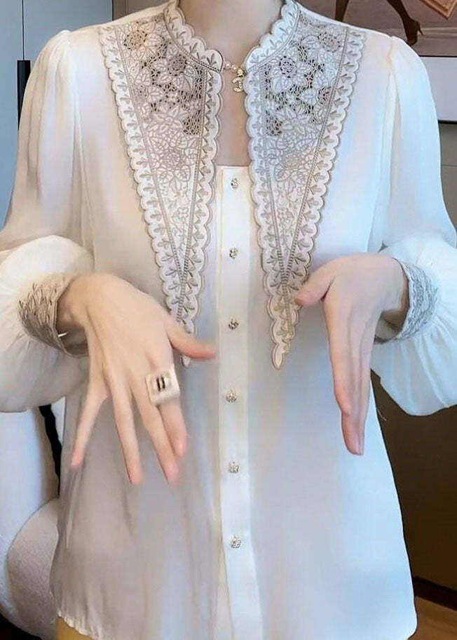 Y2K Summer Retro White Embroidered Patchwork Chiffon Blouse - 90s Grunge & Pastel Goth Style