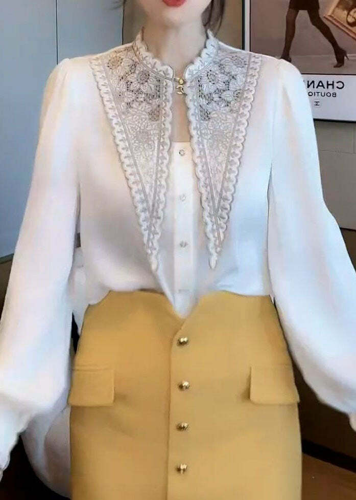 Y2K Summer Retro White Embroidered Patchwork Chiffon Blouse - 90s Grunge & Pastel Goth Style
