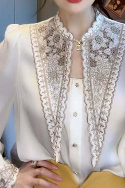 Y2K Summer Retro White Embroidered Patchwork Chiffon Blouse - 90s Grunge & Pastel Goth Style
