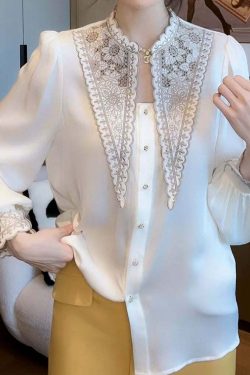 Y2K Summer Retro White Embroidered Patchwork Chiffon Blouse - 90s Grunge & Pastel Goth Style