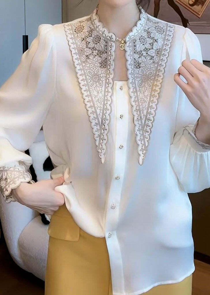 Y2K Summer Retro White Embroidered Patchwork Chiffon Blouse - 90s Grunge & Pastel Goth Style