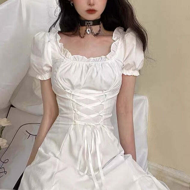 Y2K Summer Soft Girl Aesthetic White Mini Dress - 90s Grunge, Retro, Pastel Goth Outfits