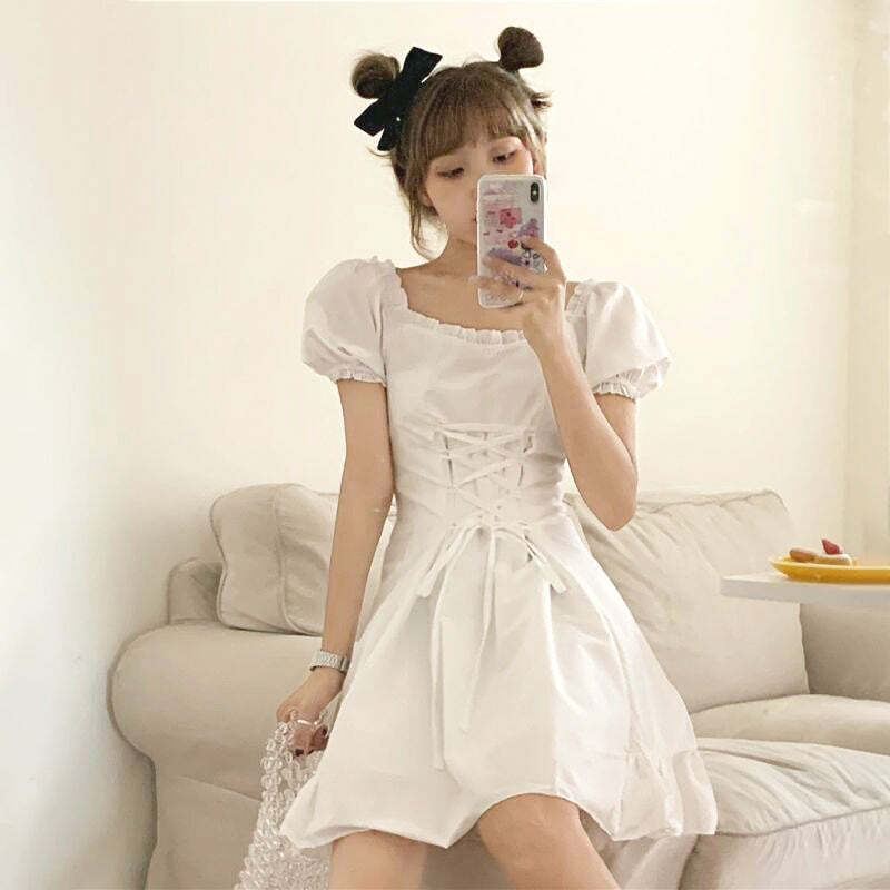 Y2K Summer Soft Girl Aesthetic White Mini Dress - 90s Grunge, Retro, Pastel Goth Outfits