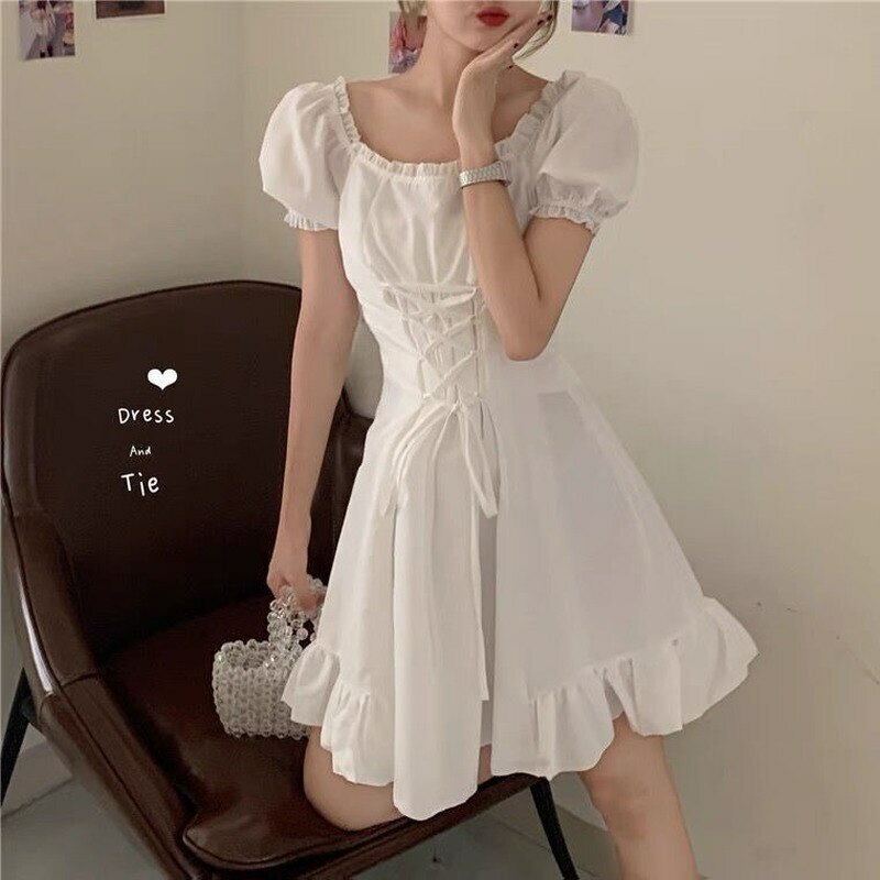 Y2K Summer Soft Girl Aesthetic White Mini Dress - 90s Grunge, Retro, Pastel Goth Outfits