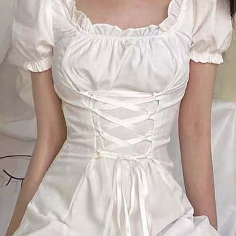 Y2K Summer Soft Girl Aesthetic White Mini Dress - 90s Grunge, Retro, Pastel Goth Outfits