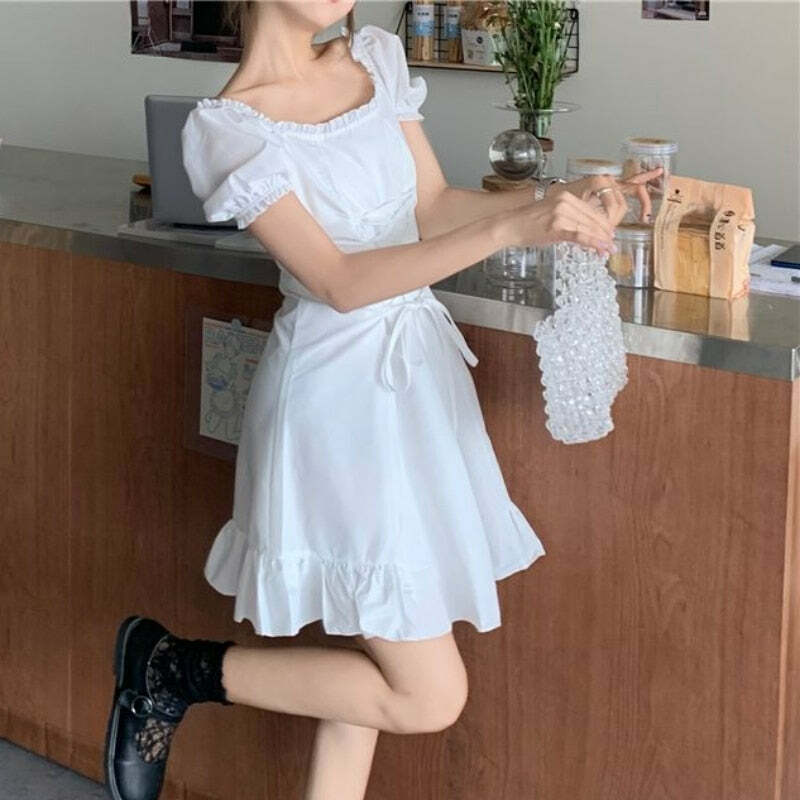Y2K Summer Soft Girl Aesthetic White Mini Dress - 90s Grunge, Retro, Pastel Goth Outfits