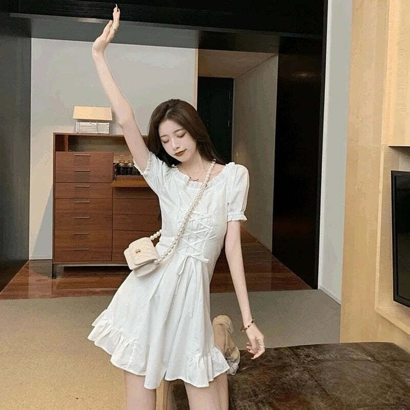 Y2K Summer Soft Girl Aesthetic White Mini Dress - 90s Grunge, Retro, Pastel Goth Outfits