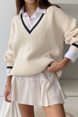 Y2K Summer Soft Girl Preppy V Neck Sweater - 90s Grunge, Retro, Pastel Goth, Y2K Fashion