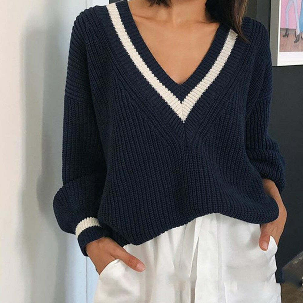 Y2K Summer Soft Girl Preppy V Neck Sweater - 90s Grunge, Retro, Pastel Goth, Y2K Fashion