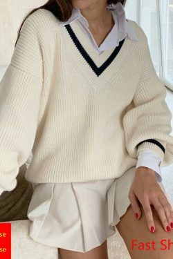 Y2K Summer Soft Girl Preppy V Neck Sweater - 90s Grunge, Retro, Pastel Goth, Y2K Fashion