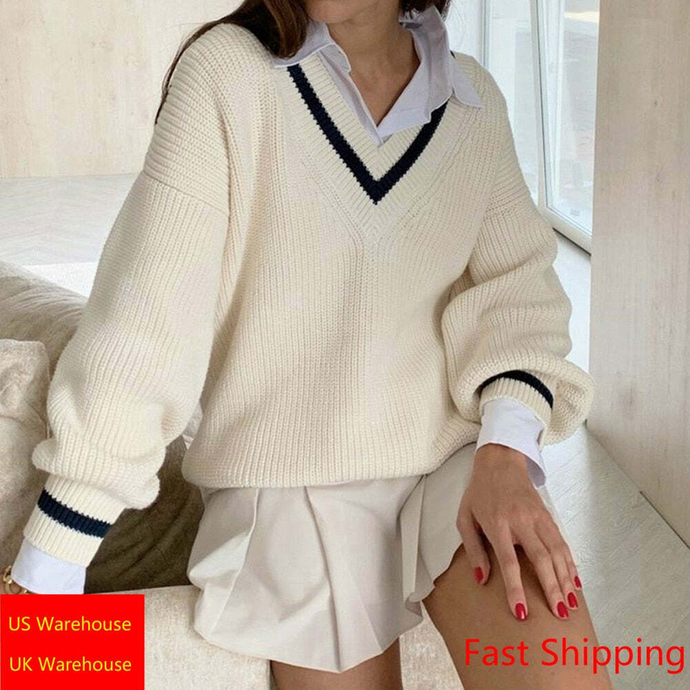 Y2K Summer Soft Girl Preppy V Neck Sweater - 90s Grunge, Retro, Pastel Goth, Y2K Fashion