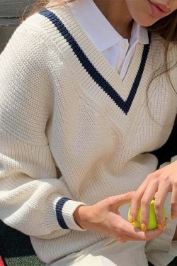 Y2K Summer Soft Girl Preppy V Neck Sweater - 90s Grunge, Retro, Pastel Goth, Y2K Fashion