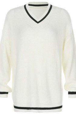 Y2K Summer Soft Girl Preppy V Neck Sweater - 90s Grunge, Retro, Pastel Goth, Y2K Fashion