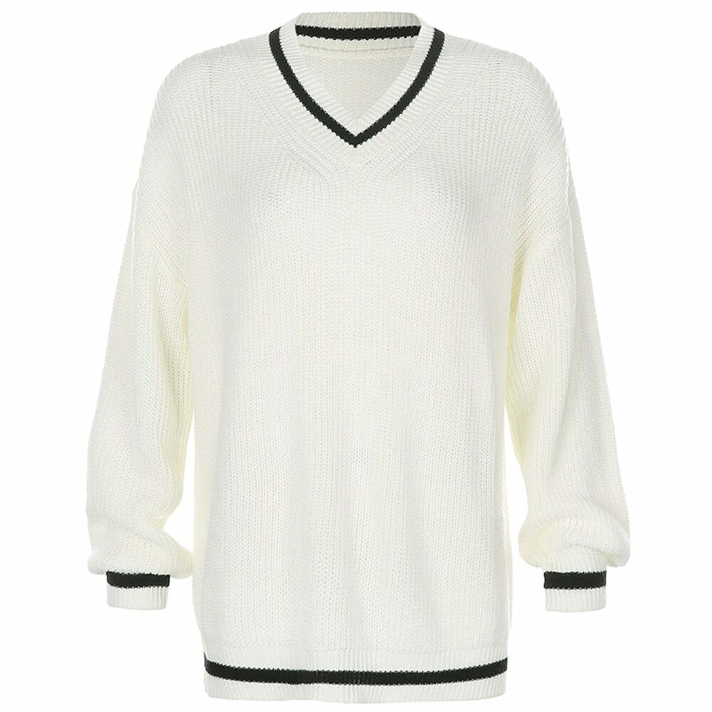 Y2K Summer Soft Girl Preppy V Neck Sweater - 90s Grunge, Retro, Pastel Goth, Y2K Fashion