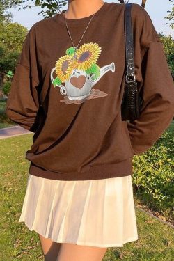 Y2K Sunflower Print Sweatshirt - Retro 90s Grunge, Summer Y2K Outfits, Pastel Goth Style