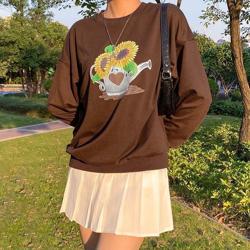 Y2K Sunflower Print Sweatshirt - Retro 90s Grunge, Summer Y2K Outfits, Pastel Goth Style