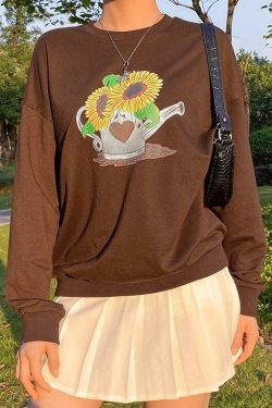 Y2K Sunflower Print Sweatshirt - Retro 90s Grunge, Summer Y2K Outfits, Pastel Goth Style