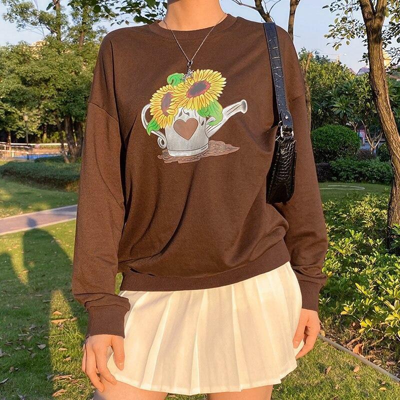 Y2K Sunflower Print Sweatshirt - Retro 90s Grunge, Summer Y2K Outfits, Pastel Goth Style