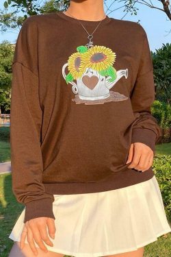 Y2K Sunflower Print Sweatshirt - Retro 90s Grunge, Summer Y2K Outfits, Pastel Goth Style