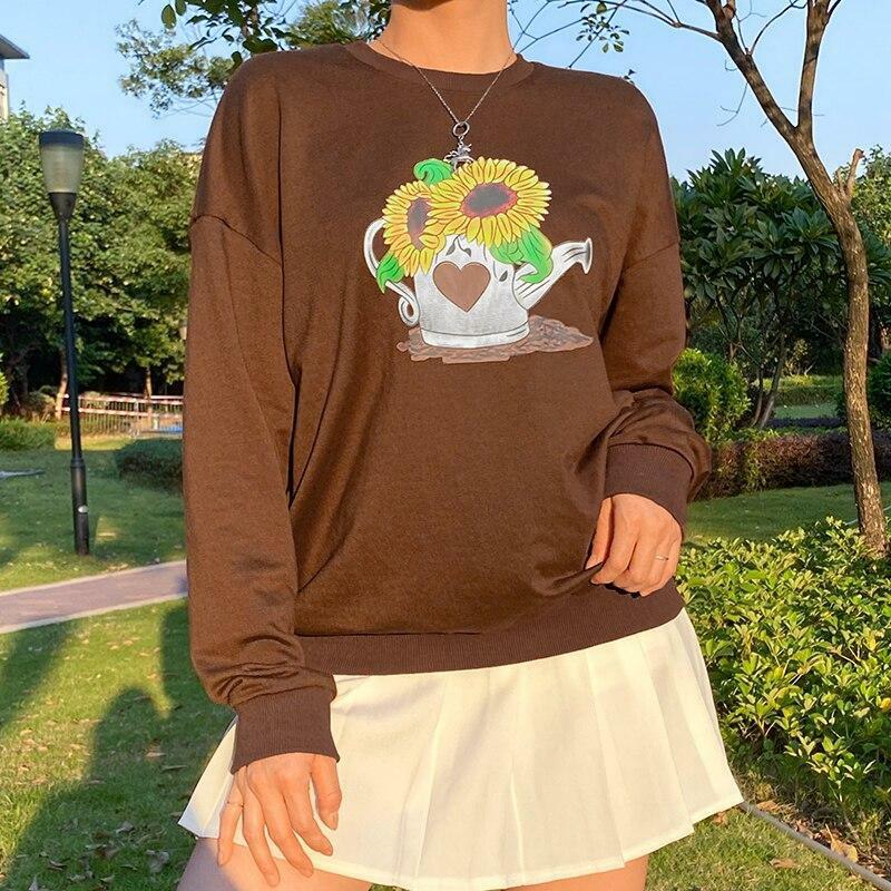 Y2K Sunflower Print Sweatshirt - Retro 90s Grunge, Summer Y2K Outfits, Pastel Goth Style
