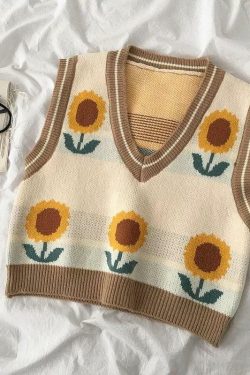 Y2K Sunflower Sweater Vest - Retro 90s Grunge, Summer Y2K Outfits, Pastel Goth Fashion