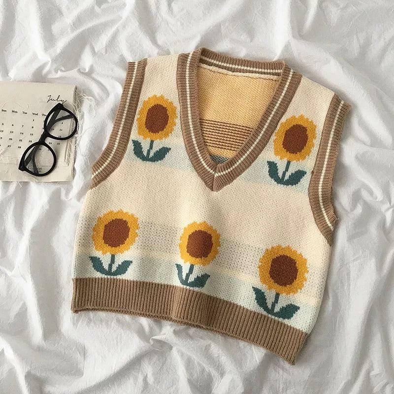 Y2K Sunflower Sweater Vest - Retro 90s Grunge, Summer Y2K Outfits, Pastel Goth Fashion