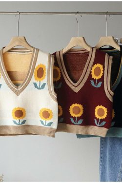 Y2K Sunflower Sweater Vest - Retro 90s Grunge, Summer Y2K Outfits, Pastel Goth Fashion
