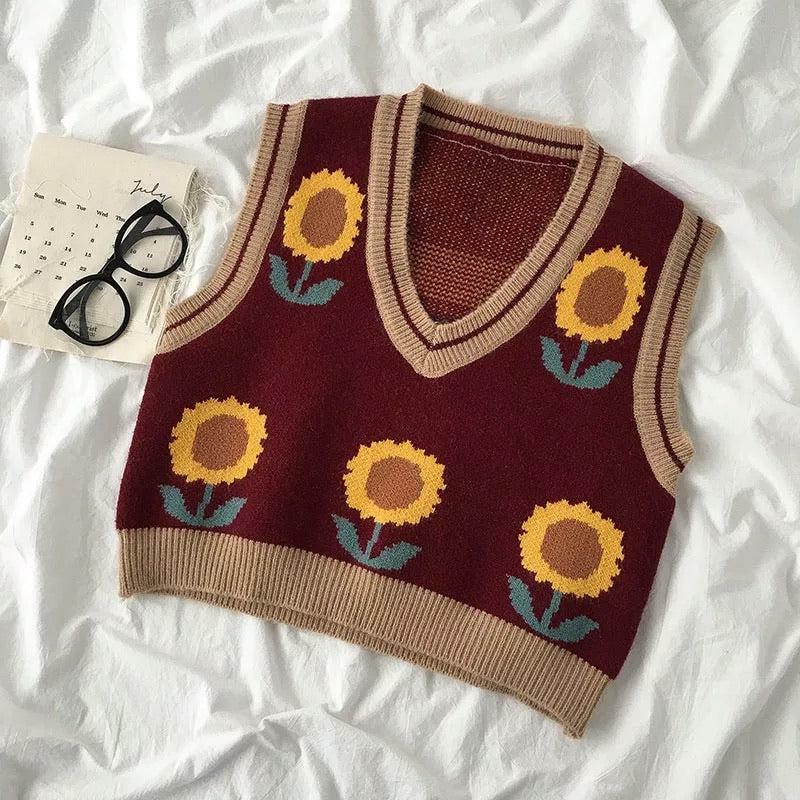 Y2K Sunflower Sweater Vest - Retro 90s Grunge, Summer Y2K Outfits, Pastel Goth Fashion
