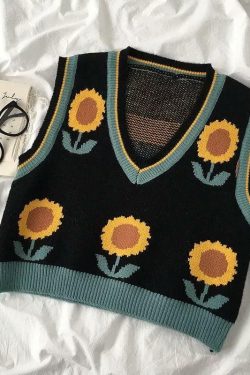 Y2K Sunflower Sweater Vest - Retro 90s Grunge, Summer Y2K Outfits, Pastel Goth Fashion